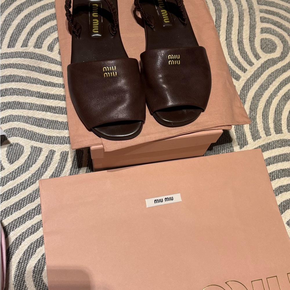 Miu Miu Brown Leather Slide Sandals with Gold Logo - Picture 2 of 7